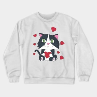 Tuxedo Cat with Hearts Hand Drawn Design Crewneck Sweatshirt